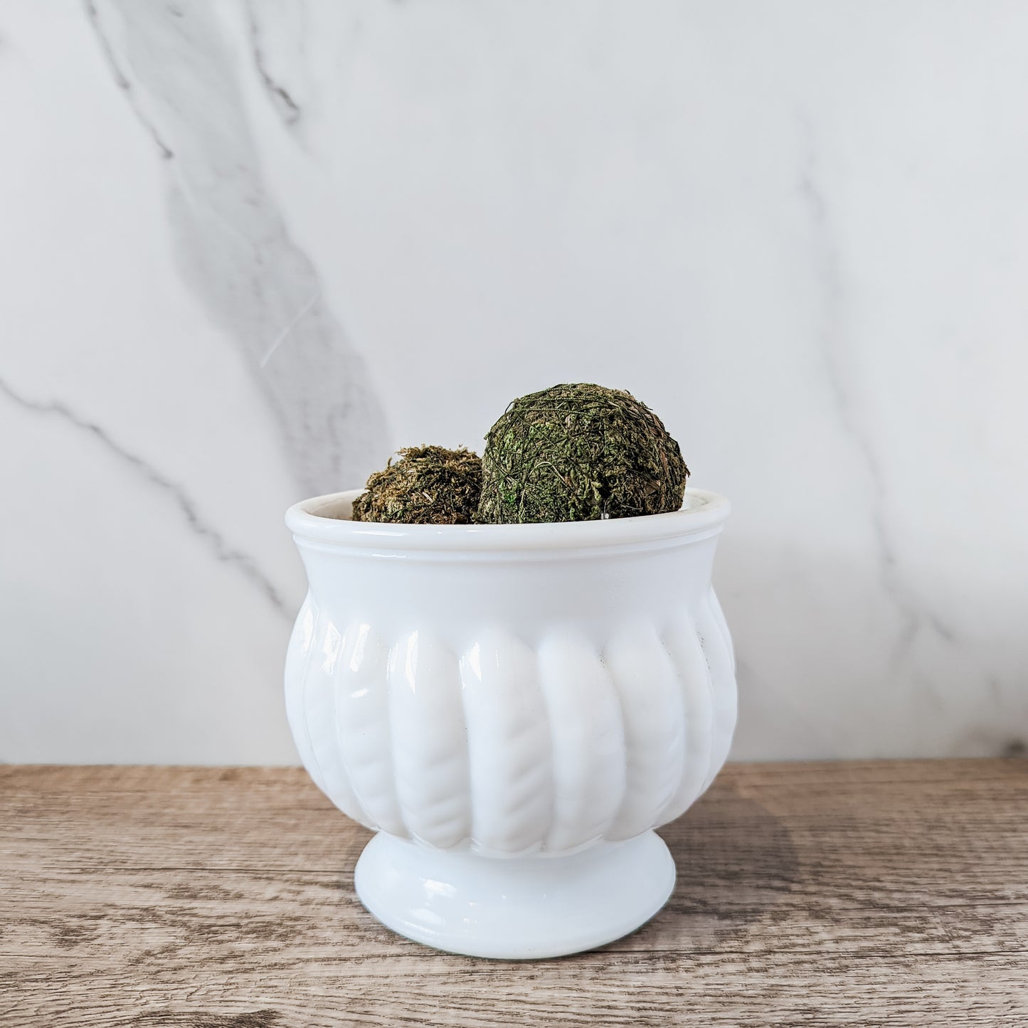 Randall Milk Glass Pedastal Bowl with Raised Feather Detail