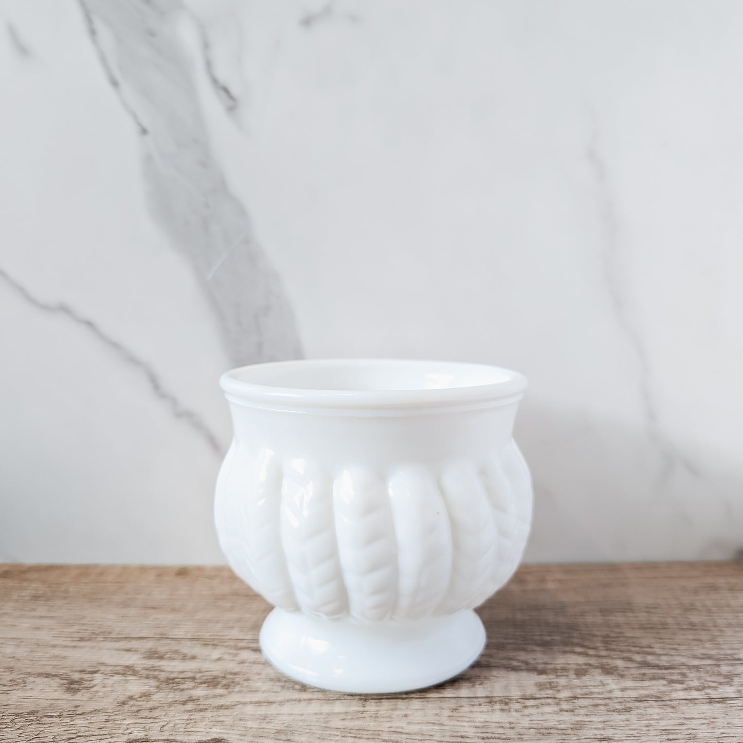 Randall Milk Glass Pedastal Bowl with Raised Feather Detail