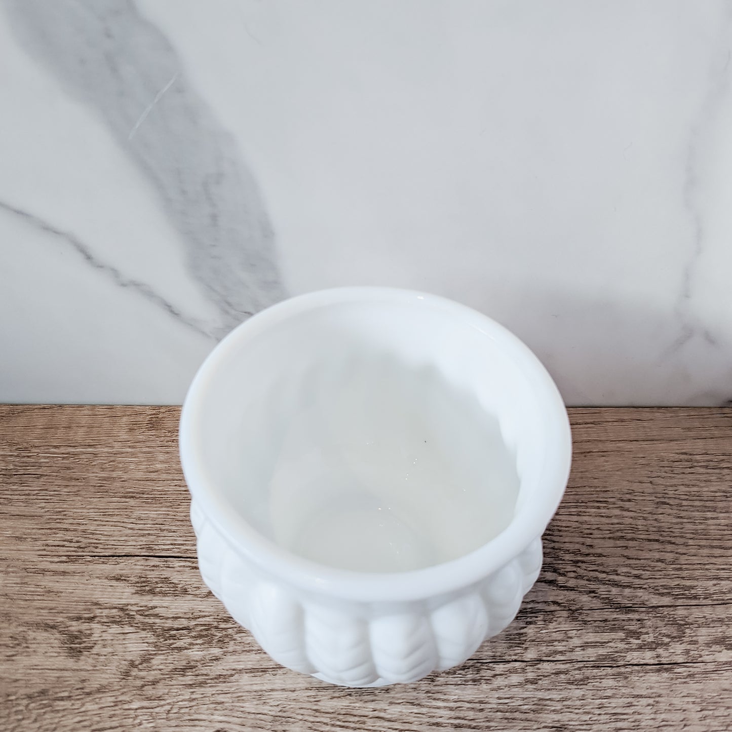 Randall Milk Glass Pedastal Bowl with Raised Feather Detail