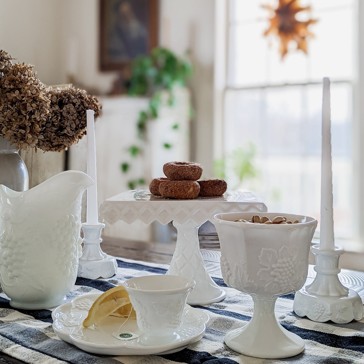 Milk Glass "Colony Harvest" Tea Cup and Snack Plate (set of 4 or set of 8)