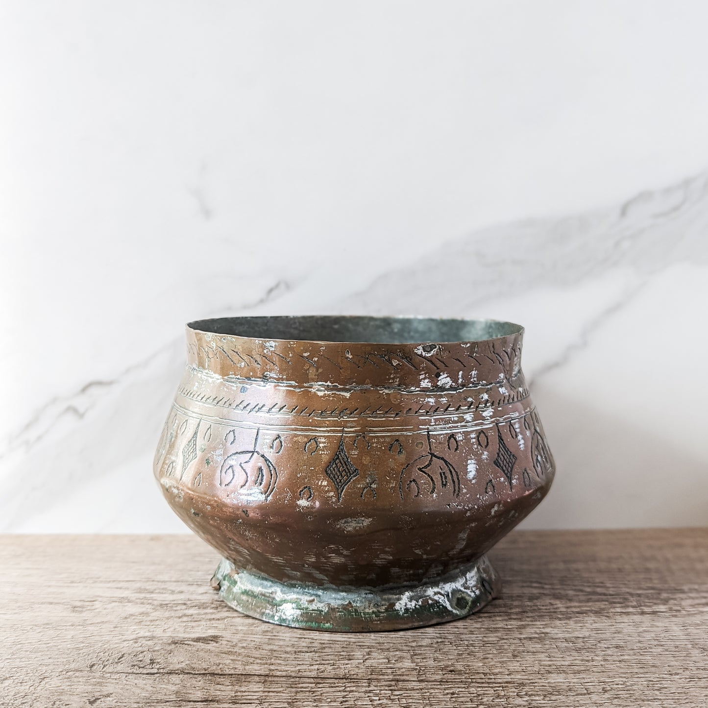 Antique Hand-Engraved Tinned Copper Pedastal Bowl