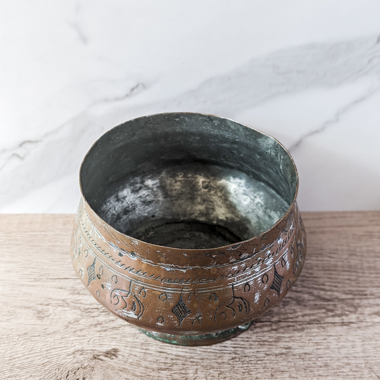 Antique Hand-Engraved Tinned Copper Pedastal Bowl