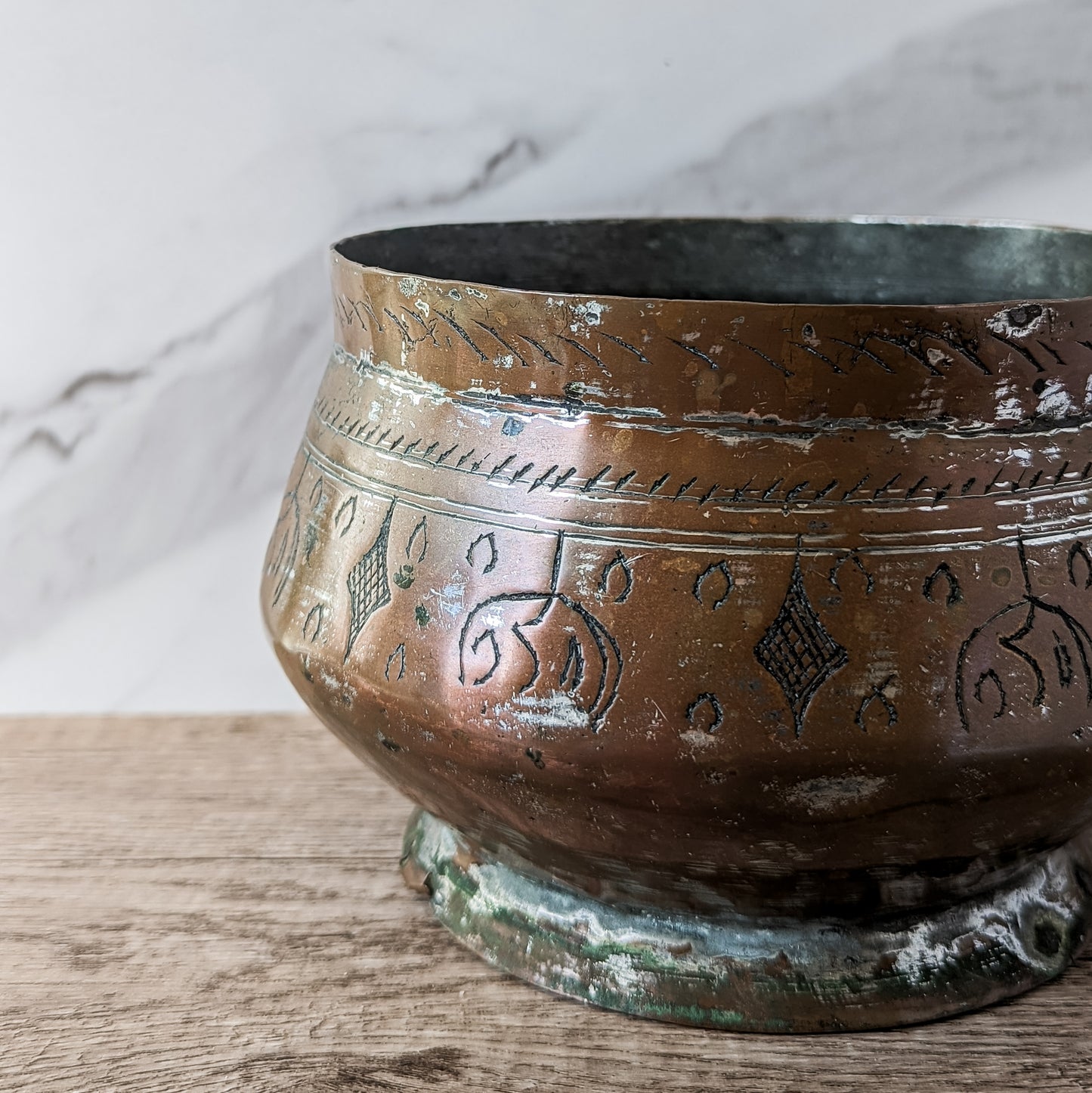 Antique Hand-Engraved Tinned Copper Pedastal Bowl