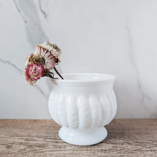 Randall Milk Glass Pedastal Bowl with Raised Feather Detail
