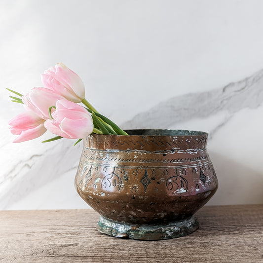 Antique Hand-Engraved Tinned Copper Pedastal Bowl