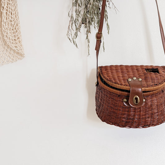 Woven Creel Basket / Foraging Basket with Leather Strap